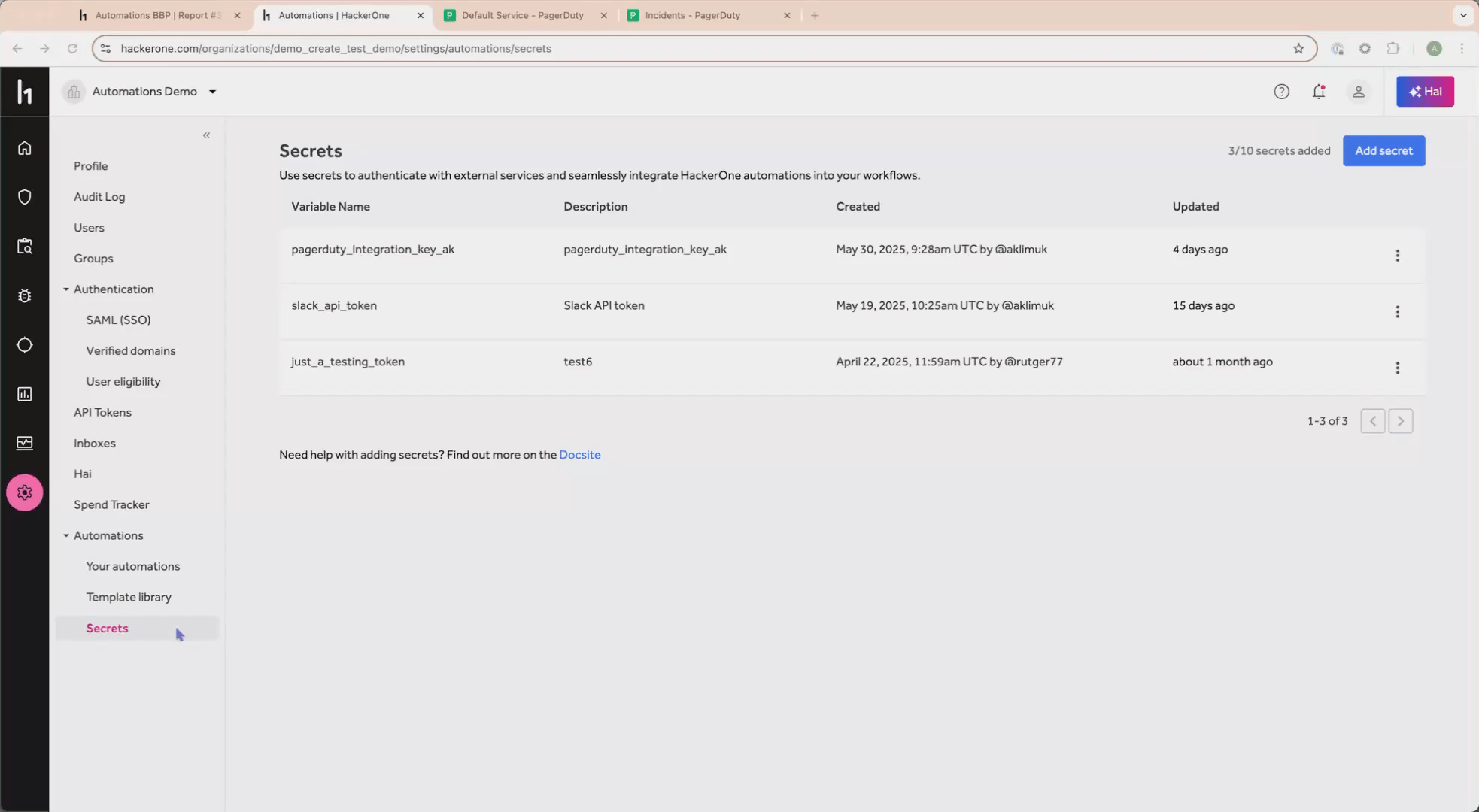Animated gif showing how to create secrets and automations in External Connectors