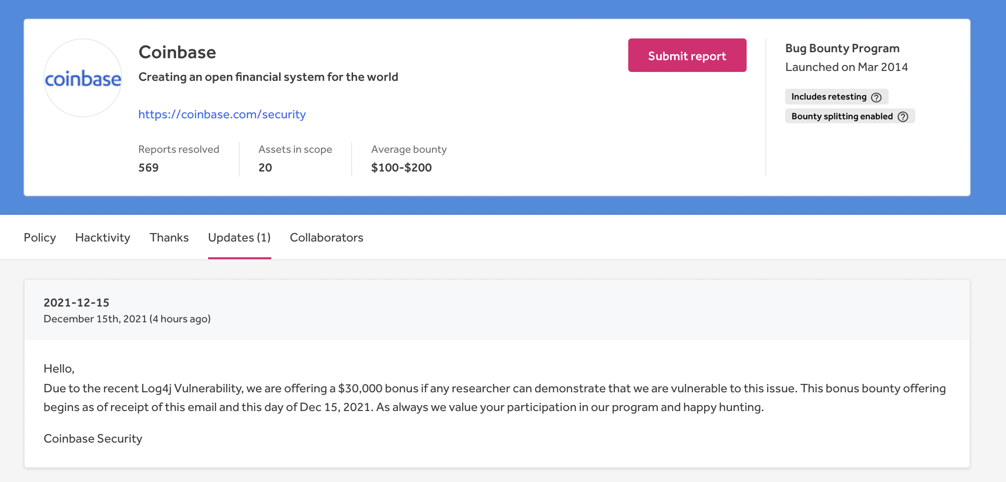 Coinbase's bug bounty page with an update for Log4j