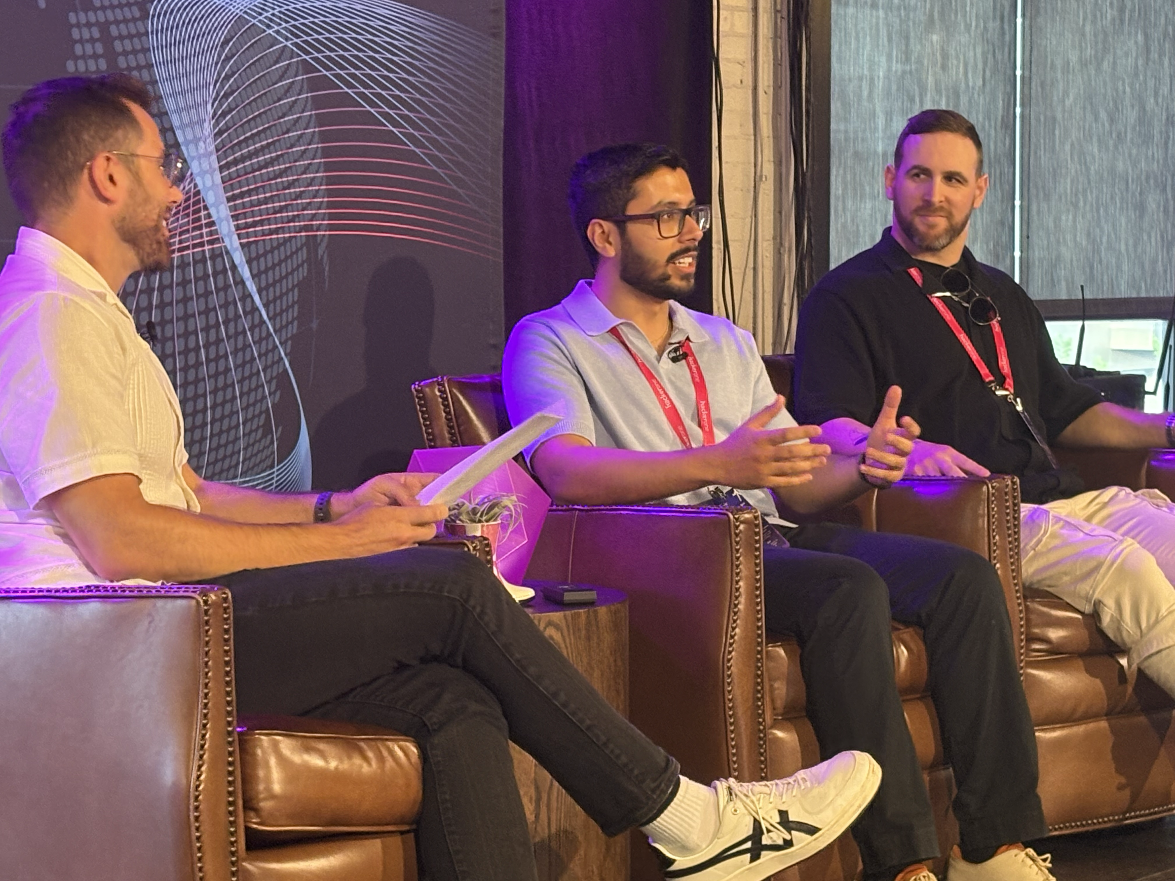 HackerOne’s Chad Chalker interviews Rojan Rijal (@ophionsecurity) (middle) and Jasmin Landry (@JR0ch17) (right)