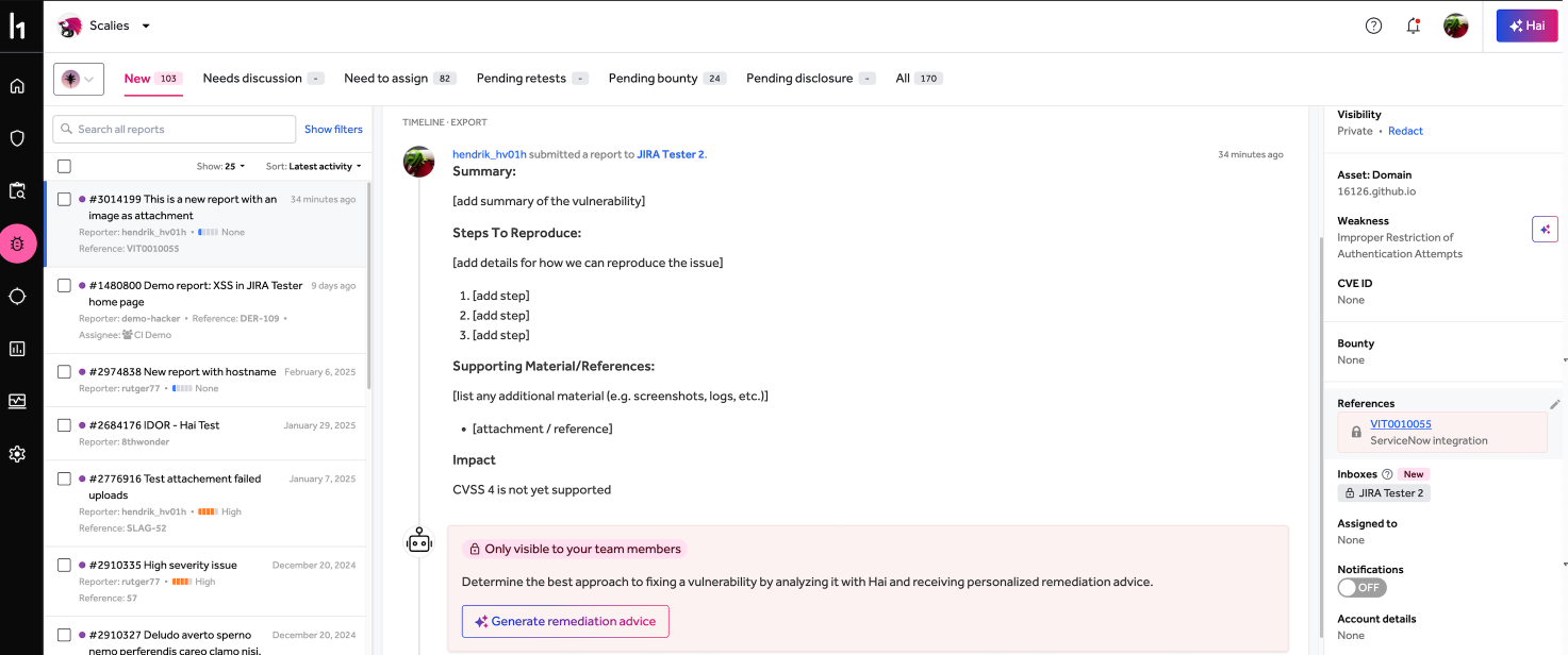 report page in HackerOne platform