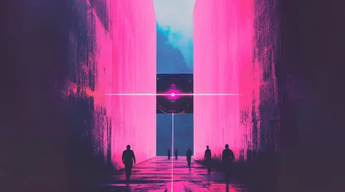 People Walking to Light in Distance