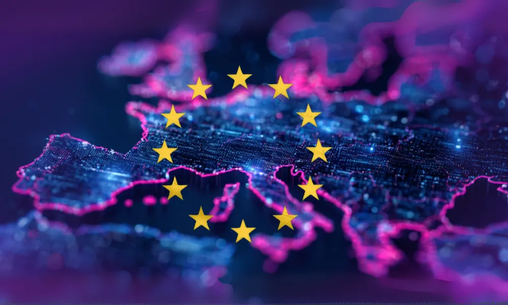 Gold stars over a digital map of Europe