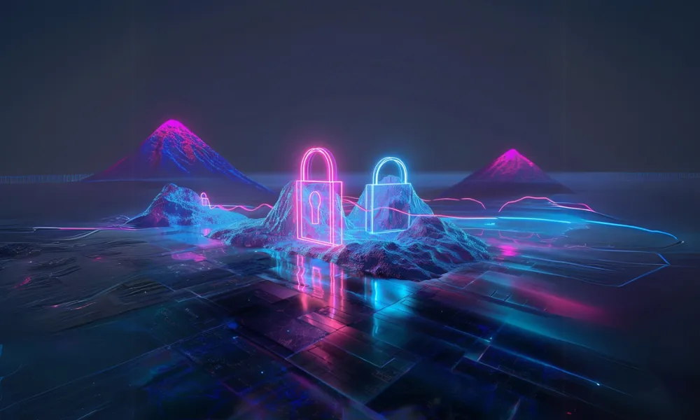 Cybersecurity image with two locks above mountains