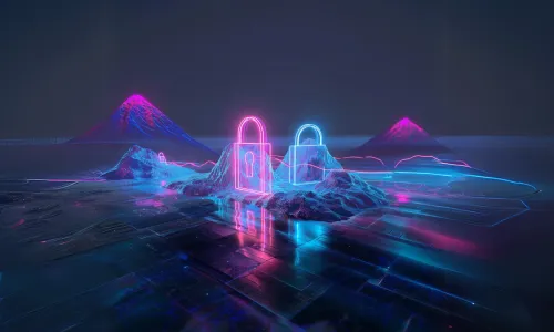 Cybersecurity image with two locks above mountains